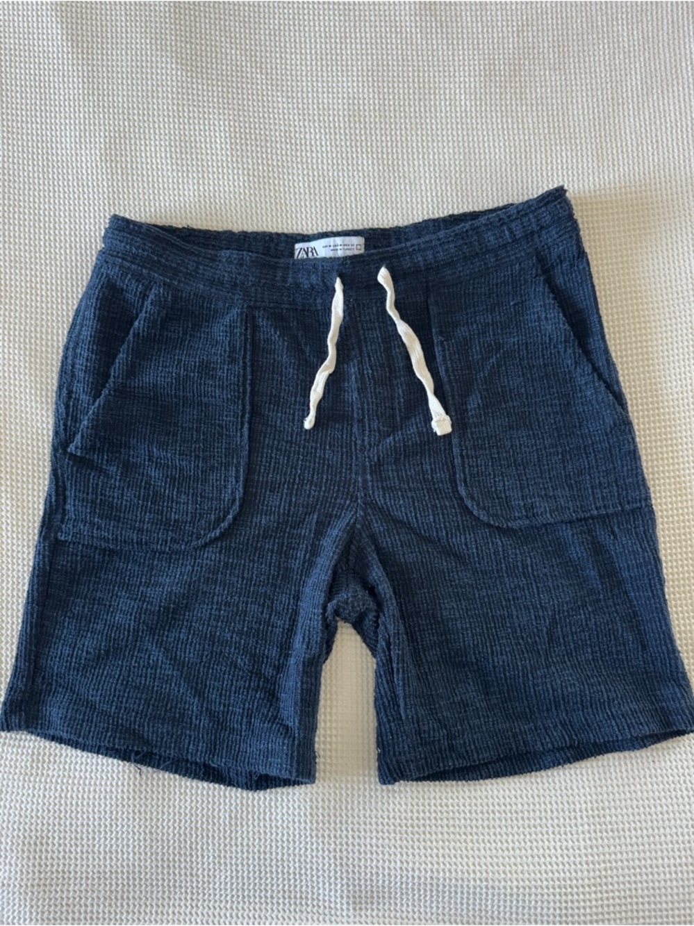 Zara Navy Textured Terry Drawstring Athletic Shorts